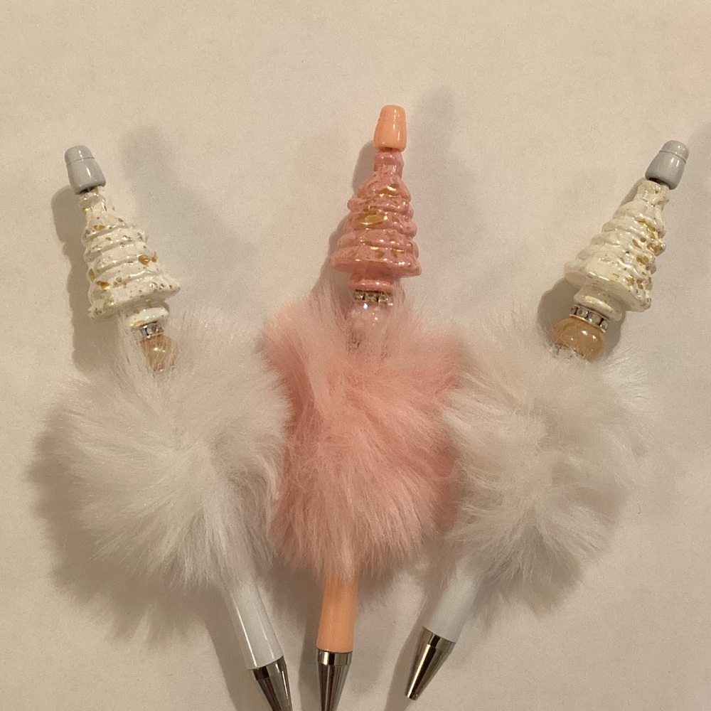Fluffy Pink and White Handmade Holiday Pen Set